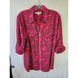 MICHAEL KORS Zipper Front Magenta Paisley Blouse Size XL